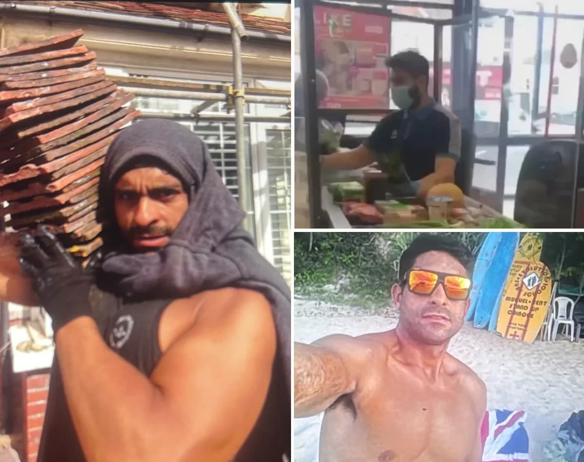 Diogo carregando telhas numa obra, atendendo no balcão de um mercado e numa praia com a bandeira do Reino Unido